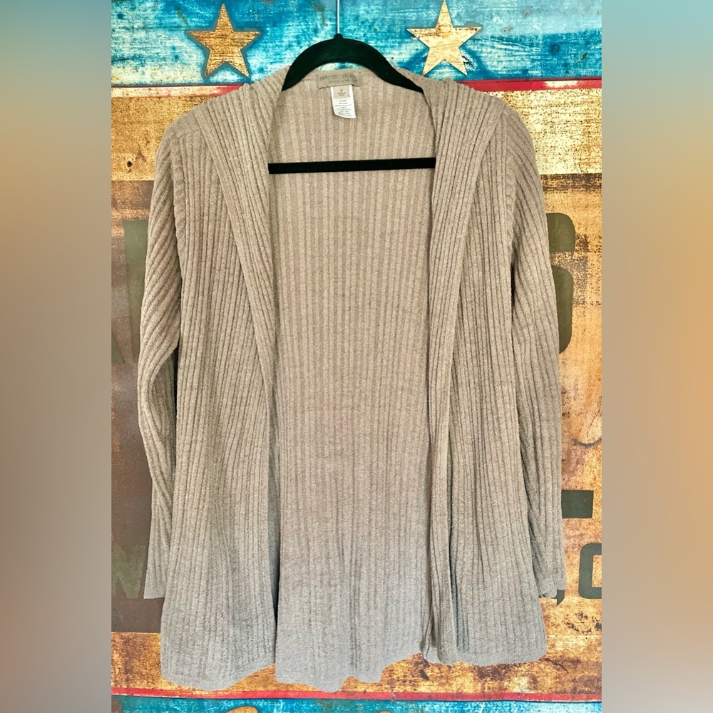 Barefoot Dreams Size Small Women's Ribbed Tan Hooded Sweater Cardigan